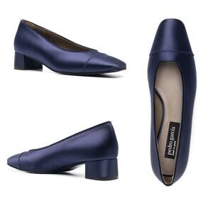 Pedro Garcia Eladia NEW Navy Silk Satin Low Block Heel Slip On Pump $550
